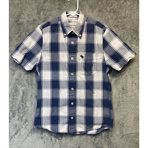 Abercrombie & Fitch Boys Muscle Button Up Kids Size M Plaid Short Sleeve, Blue - Picture 1 of 8